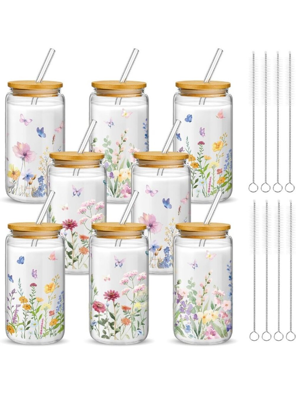 8 Pack Wildflower Glass Tumblers, 16 oz Eco-Friendly Mugs with Bamboo Lids